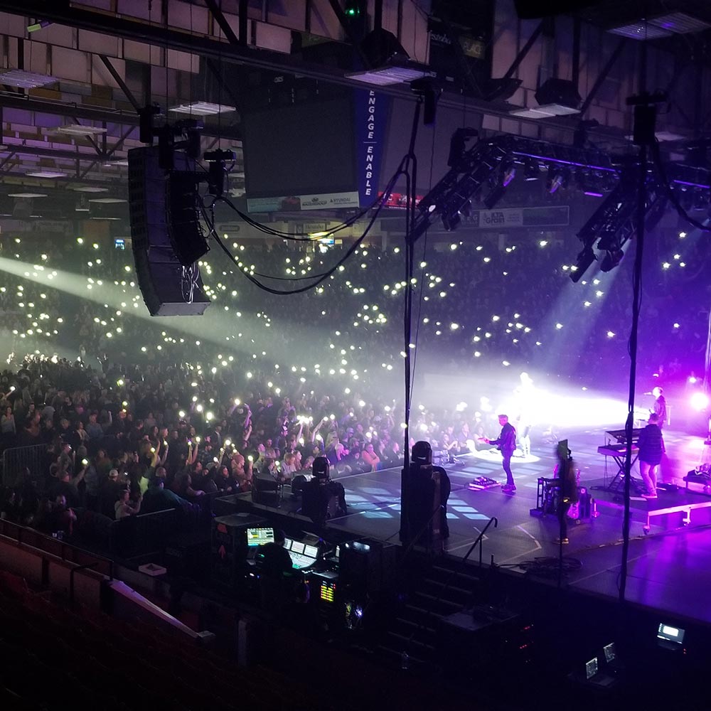 An entertainer performs on the concert stage at Westoba Place at the Keystone Centre in Brandon, Manitoba