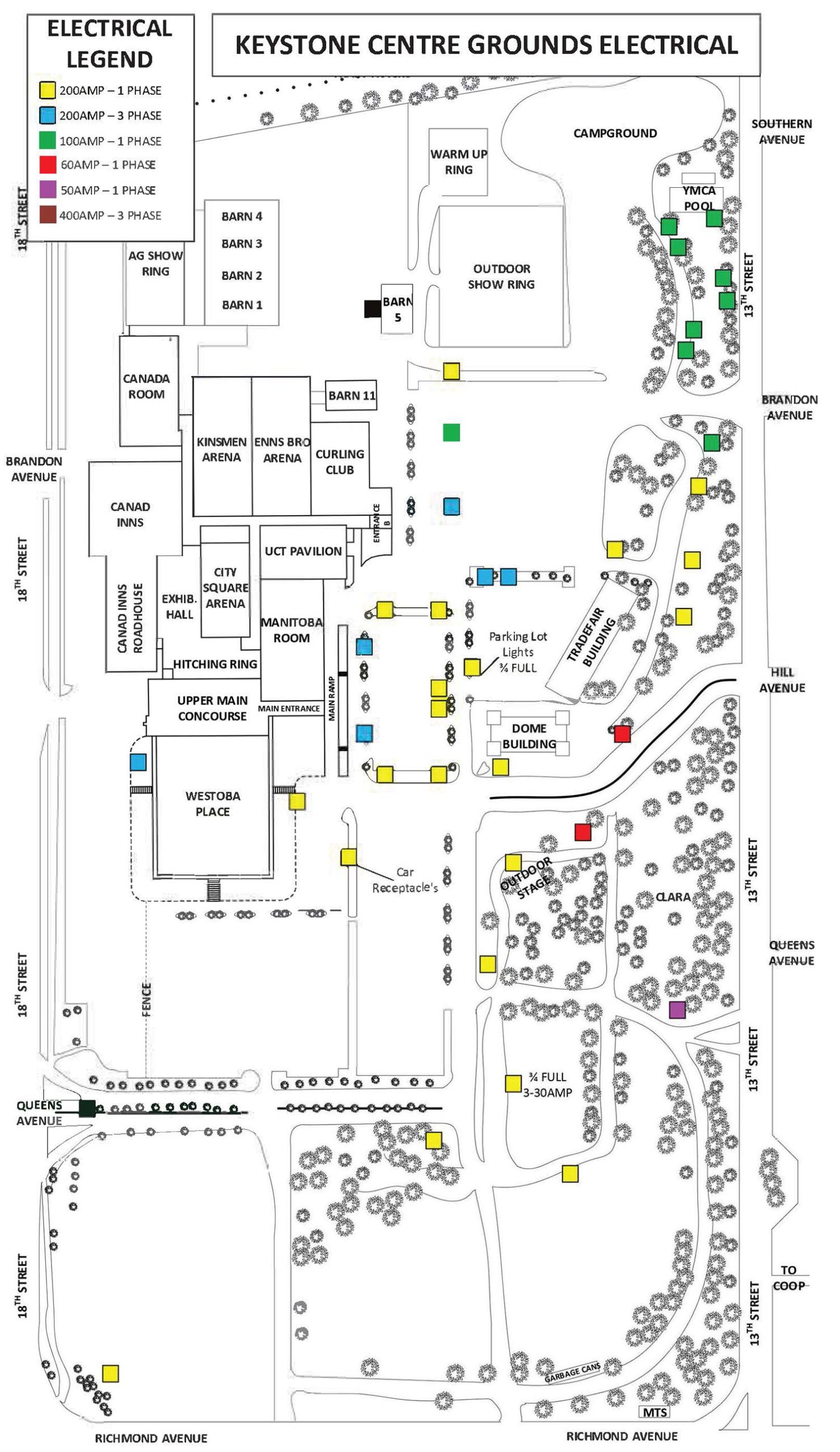 Electrical specifications for the grounds of the Keystone Centre in Brandon, Manitoba