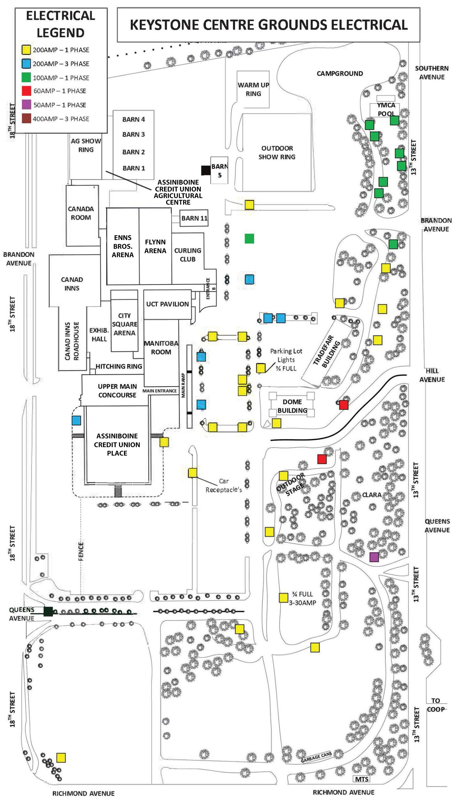 Electrical specifications for the grounds of the Keystone Centre in Brandon, Manitoba